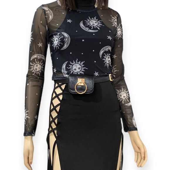 Black Long Sleeve Sheer Celestial Mesh Top NEW - Picture 3 of 4